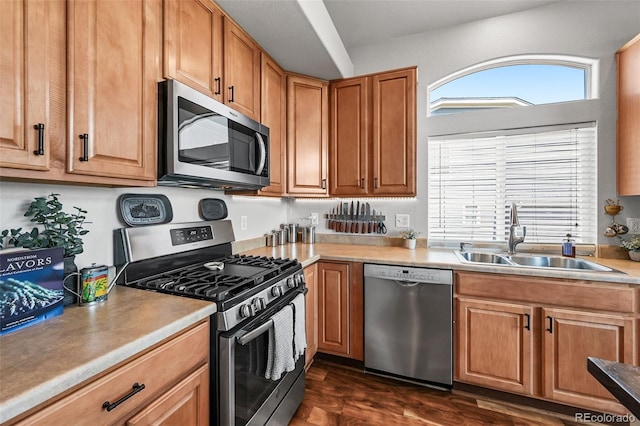 16863 Trail View Cir, Parker, CO 80134 - kitchen with stainless steel appliances, light countertops, dark wood-style flooring, and brown cabinetry