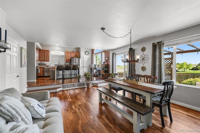 16863 Trail View Cir, Parker, CO 80134 - dining space featuring dark wood-style flooring, a chandelier, and a textured ceiling