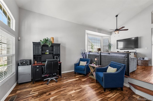 16863 Trail View Cir, Parker, CO 80134 - office space featuring high vaulted ceiling, a ceiling fan, and dark wood-type flooring