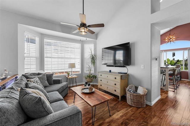 16863 Trail View Cir, Parker, CO 80134 - living room featuring wood finished floors, ceiling fan, and vaulted ceiling