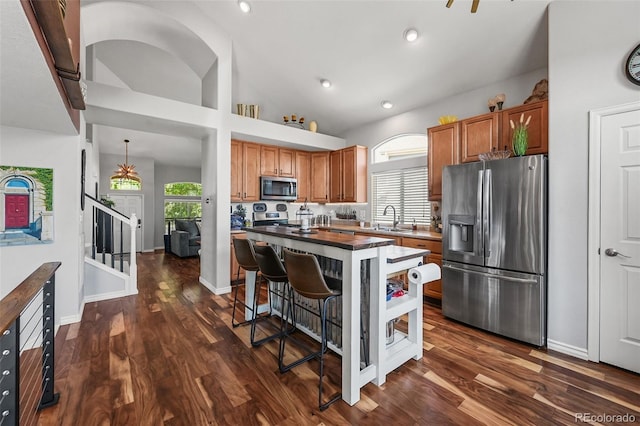 16863 Trail View Cir, Parker, CO 80134 - kitchen with appliances with stainless steel finishes, a breakfast bar area, dark wood finished floors, a center island, and brown cabinets