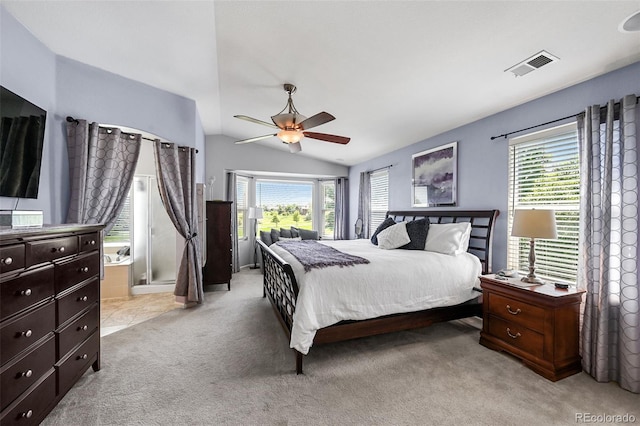 16863 Trail View Cir, Parker, CO 80134 - carpeted bedroom with multiple windows, lofted ceiling, and ceiling fan