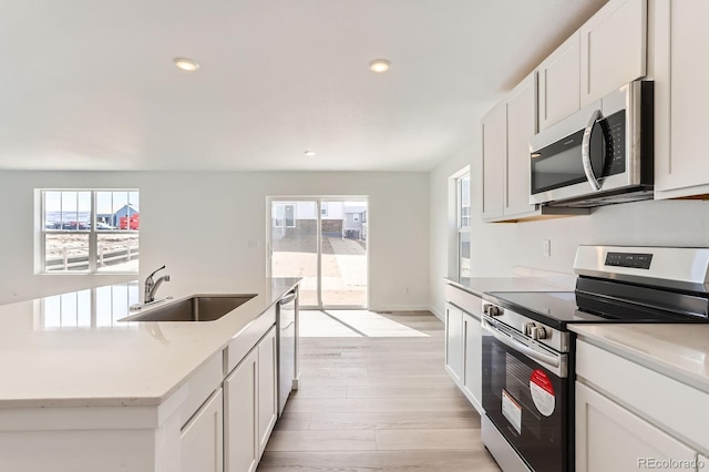 kitchen with light wood-style flooring, plenty of natural light, appliances with stainless steel finishes, and a sink