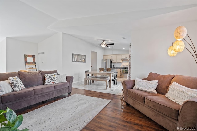 living room with wood finished floors, ceiling fan, baseboards, and recessed lighting