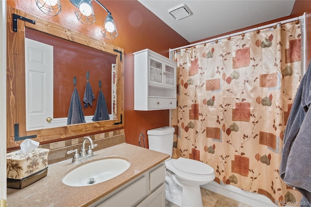 full bathroom with vanity, toilet, a shower with shower curtain, lofted ceiling, and tile patterned floors
