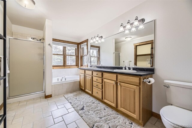 538 Sawmill Creek Rd, Evergreen, CO 80439 - full bathroom featuring double vanity, a bath, a shower stall, a sink, and toilet