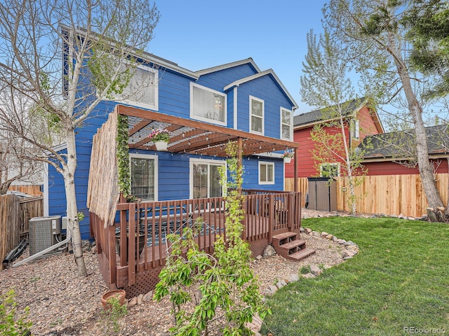 view of front of property featuring a pergola, a wooden deck, and cooling unit