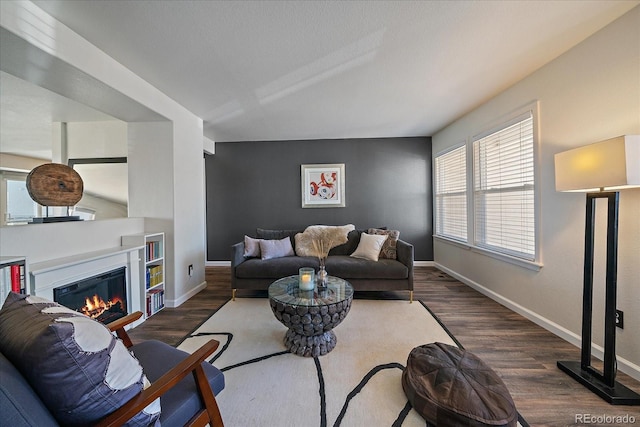 living room featuring dark wood-type flooring