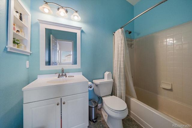 full bathroom with vanity, toilet, and shower / bathtub combination with curtain