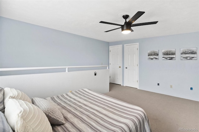 bedroom featuring carpet floors and ceiling fan