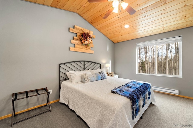 carpeted bedroom featuring vaulted ceiling, a baseboard heating unit, wood ceiling, and ceiling fan