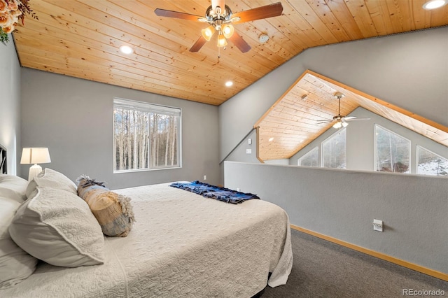 carpeted bedroom featuring wood ceiling, ceiling fan, and lofted ceiling