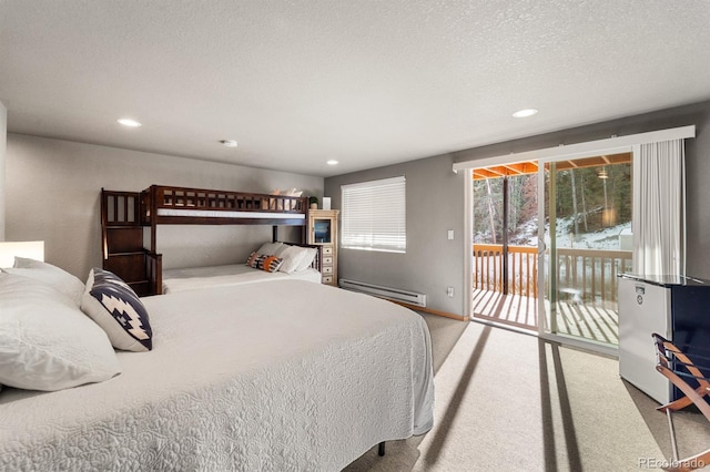 bedroom with a baseboard radiator, light colored carpet, access to exterior, and a textured ceiling