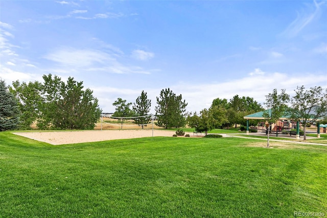 view of yard with a gazebo and volleyball court