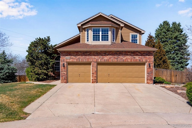 9239 Erminedale Dr, Lone Tree, CO 80124 - traditional-style house featuring brick siding, driveway, fence, and an attached garage