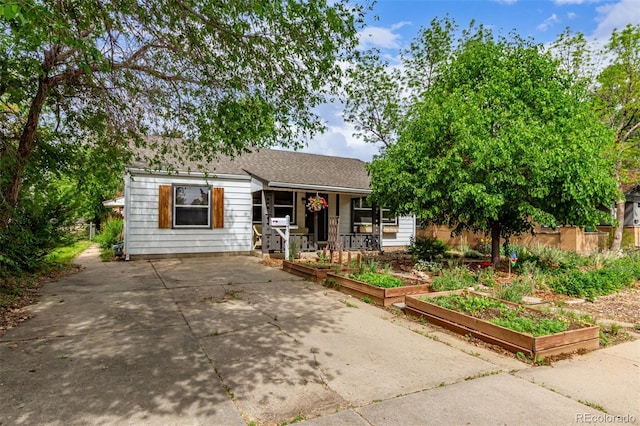 single story home featuring a garden, a porch, and driveway