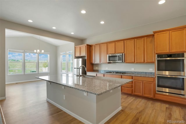 kitchen with light stone countertops, a center island with sink, light wood-style flooring, a sink, and stainless steel appliances