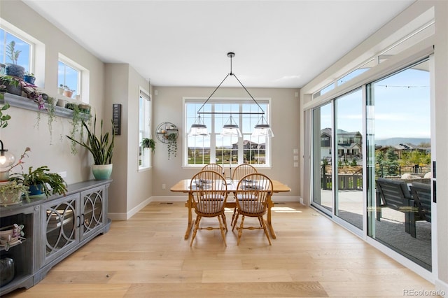 dining room with baseboards, plenty of natural light, and light wood-style floors
