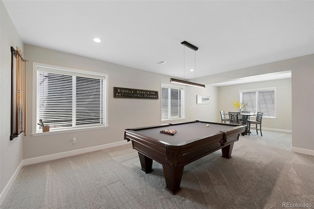 recreation room featuring baseboards, billiards, plenty of natural light, and light carpet