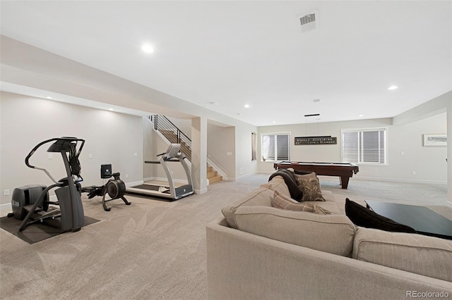 playroom featuring recessed lighting, baseboards, light colored carpet, and billiards