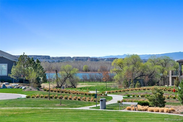view of community with a lawn and a mountain view
