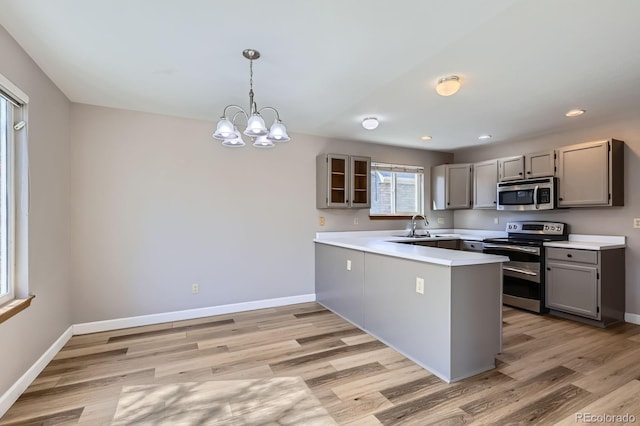 kitchen featuring a peninsula, gray cabinetry, baseboards, and stainless steel appliances