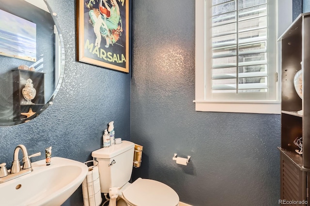 half bath featuring toilet, a textured wall, and a sink