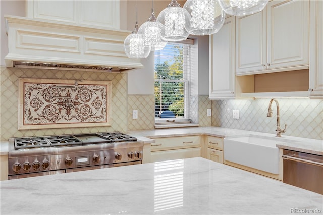 kitchen with light stone countertops, stainless steel appliances, hanging light fixtures, backsplash, and custom exhaust hood