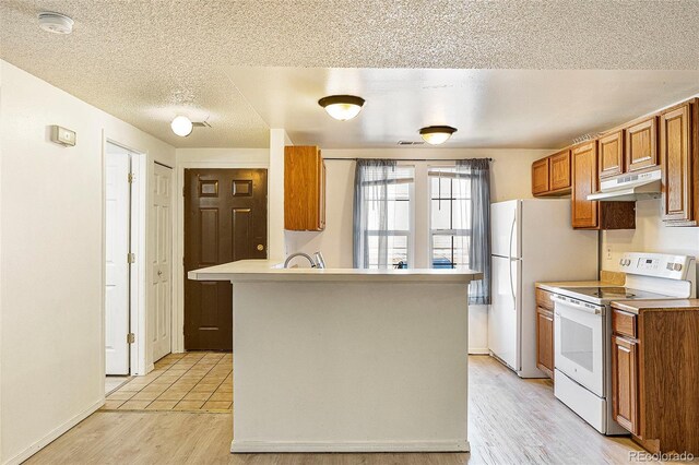 1545 S Ouray Cir Unit B, Aurora, CO 80017 - kitchen with white appliances, brown cabinets, under cabinet range hood, a textured ceiling, and a peninsula