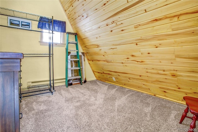 bonus room featuring carpet, wooden ceiling, wood walls, and lofted ceiling