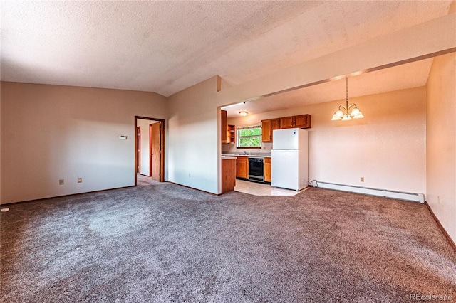 2408 N 7th St Unit A, Colorado Springs, CO 80907 - unfurnished living room featuring a baseboard radiator, light colored carpet, vaulted ceiling, a chandelier, and baseboards