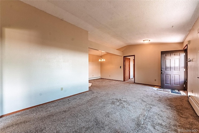 2408 N 7th St Unit A, Colorado Springs, CO 80907 - spare room featuring a chandelier, vaulted ceiling, carpet, baseboards, and a textured ceiling