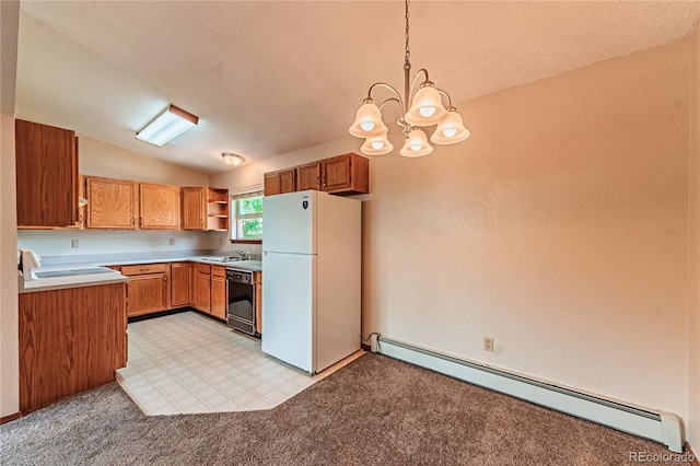 2408 N 7th St Unit A, Colorado Springs, CO 80907 - kitchen featuring freestanding refrigerator, baseboard heating, black dishwasher, a sink, and open shelves