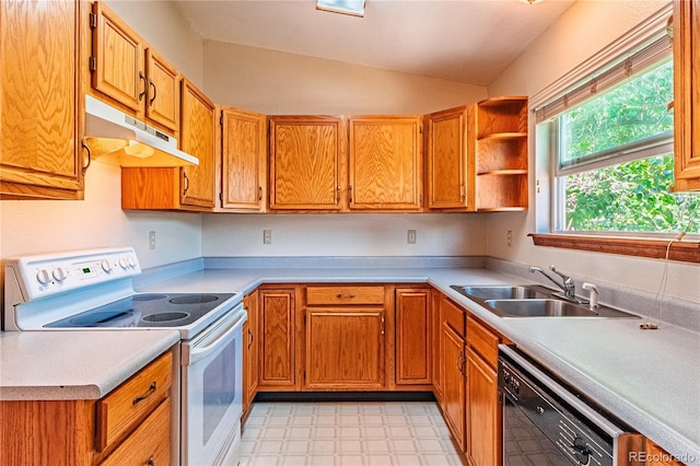 2408 N 7th St Unit A, Colorado Springs, CO 80907 - kitchen with white range with electric cooktop, under cabinet range hood, black dishwasher, a sink, and light flooring
