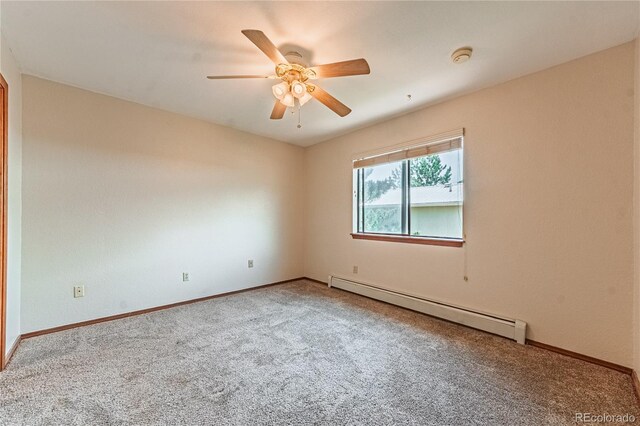2408 N 7th St Unit A, Colorado Springs, CO 80907 - spare room with a baseboard heating unit, carpet floors, a ceiling fan, and baseboards