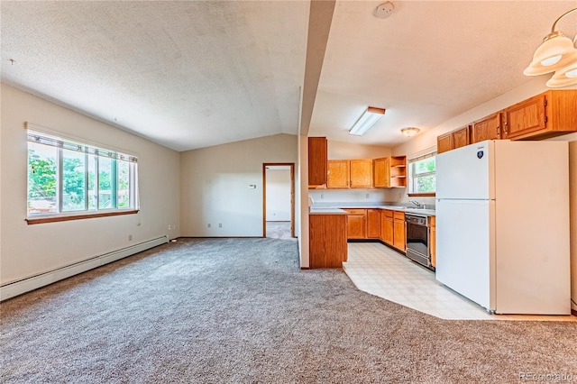 2408 N 7th St Unit A, Colorado Springs, CO 80907 - kitchen featuring freestanding refrigerator, dishwasher, lofted ceiling, light colored carpet, and open shelves