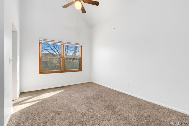 unfurnished room with ceiling fan, carpet flooring, and high vaulted ceiling