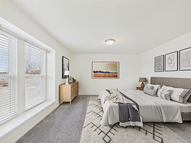 bedroom featuring baseboards, a textured ceiling, and carpet