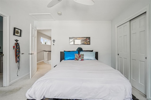 5564 S Jasper Way, Centennial, CO 80015 - bedroom featuring light carpet, attic access, a closet, and ceiling fan