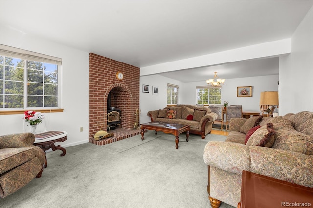 266 Gap Rd, Black Hawk, CO 80422 - living area with a wood stove, carpet flooring, and a chandelier
