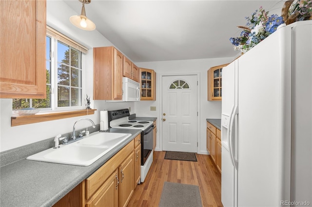 266 Gap Rd, Black Hawk, CO 80422 - kitchen with white appliances, light wood-style floors, and glass insert cabinets