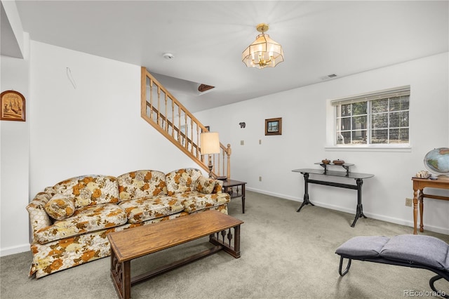 266 Gap Rd, Black Hawk, CO 80422 - living room featuring a chandelier, carpet flooring, and stairs