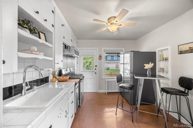 2616 Utica St, Denver, CO 80212 - kitchen with radiator heating unit, stainless steel appliances, a sink, open shelves, and white cabinetry