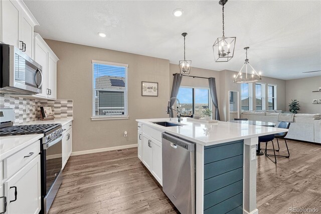 kitchen with tasteful backsplash, appliances with stainless steel finishes, open floor plan, wood finished floors, and a sink