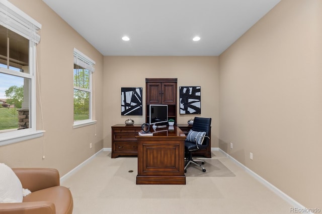 office with light carpet, baseboards, and recessed lighting