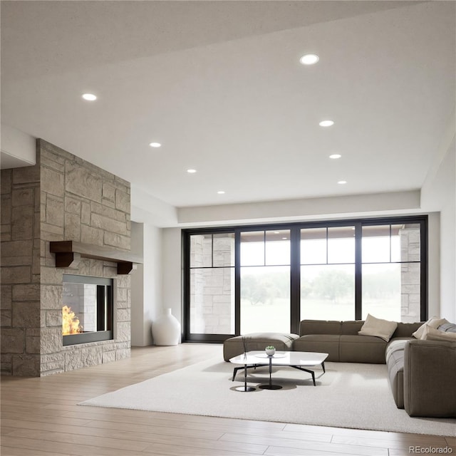 living room featuring a stone fireplace and light hardwood / wood-style flooring