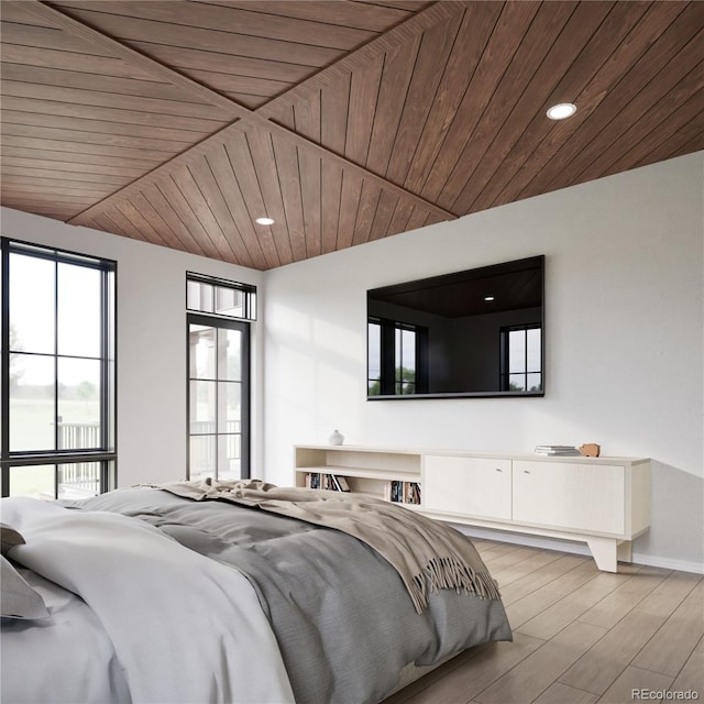 bedroom featuring wooden ceiling and light hardwood / wood-style flooring