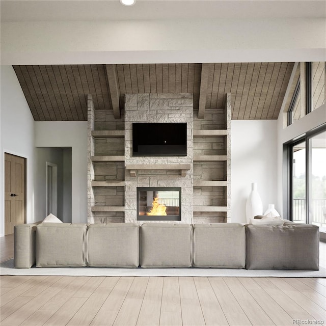 living room with a stone fireplace and hardwood / wood-style floors