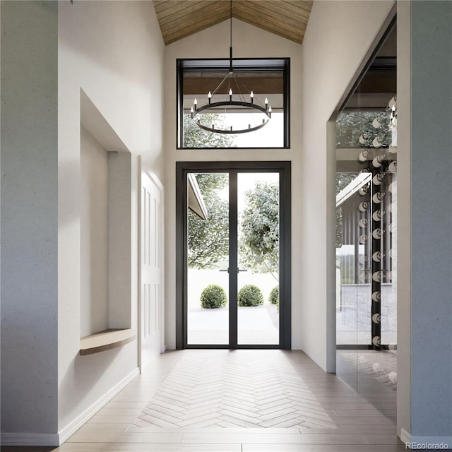 interior space with light hardwood / wood-style floors, wood ceiling, and high vaulted ceiling