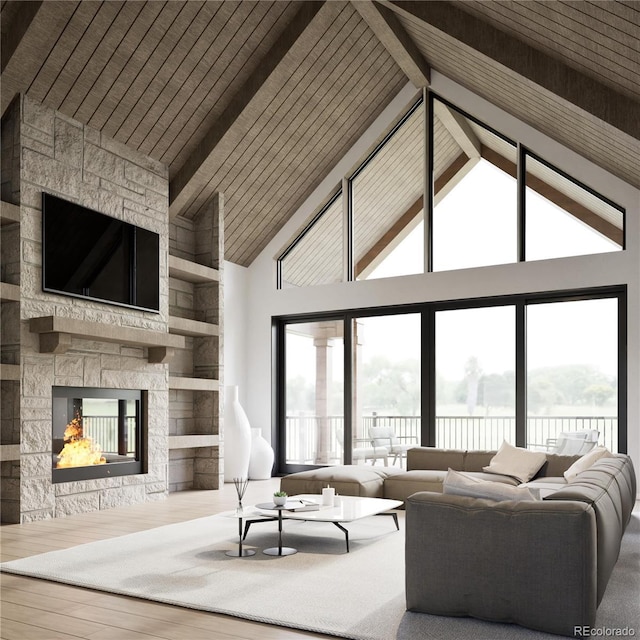 living room featuring lofted ceiling with beams and a stone fireplace